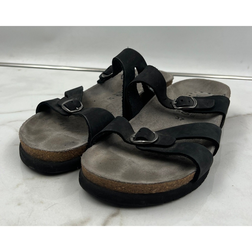 Mephisto Air-Relax Sandals Womens 37 Black Leather Cork Footbed Slides Portugal
